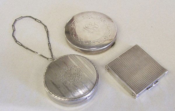 3 Vintage Sterling Silver Compacts, Powder Case 3'': 3 Vintage Sterling Silver Compacts, Powder Case 3'' Square is Largest. Engraved initials on all. SHI $15.