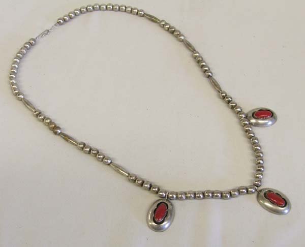 Navajo Shadow Box Silver Coral Necklace 22'': Navajo Shadow Box Silver Bead and Coral Necklace 22''. SHI $15.