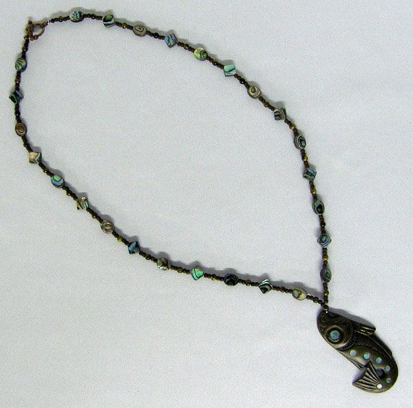 Copper N.W. Coast Necklace by Patty Fawn : Patty Fawn N.W. Coast Necklace 26'' Pendant 3''. Copper and Abalone inlay. SHI $15.