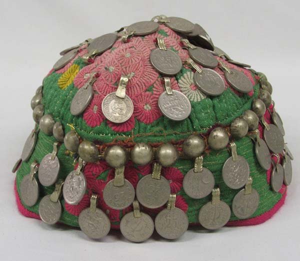 Persian Cloth and Coin Hat : Persian Cloth and Coin Hat, 20 inches inside circumferance of hat. SHI $15.
