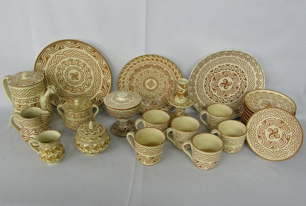 27 Pieces Alfareria Jimenez Hand Made Pottery: 27 Pieces Alfareria Jimenez/Casa Jimenez, Hand Made Oaxaca Mexican Pottery. Pitcher is 7'' x 7''. 6 Cups, 11 saucers, plates, candlestick holder, creamer & sugar, etc. SHI $50.