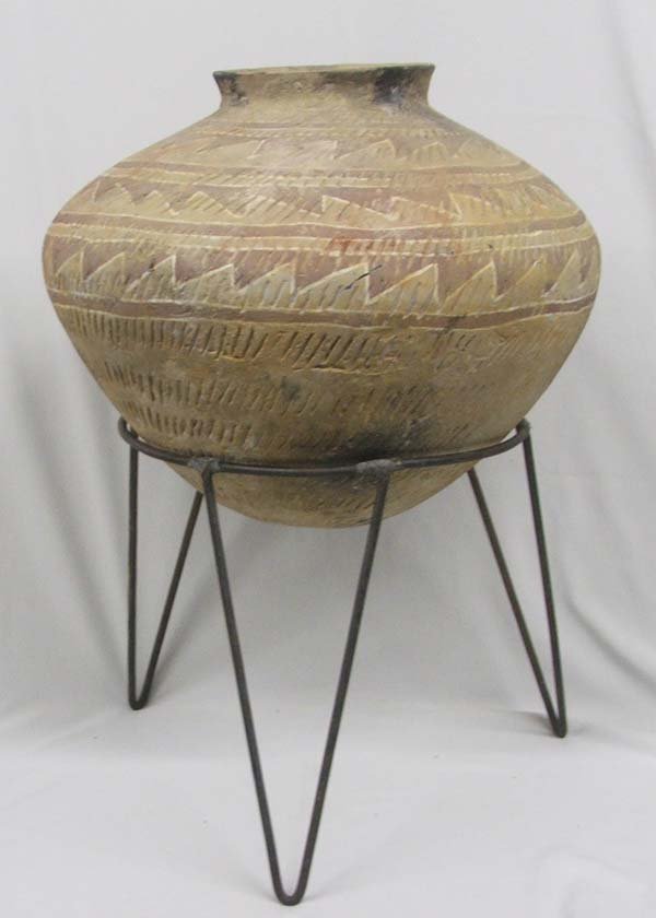 Prehistoric Replica Pottery Jar by Freeman 19''x16'': Prehistoric Replica Pottery Jar by Freeman 19''x16''. Museum mark on bottom. Has some hairline cracks. SHI $175.