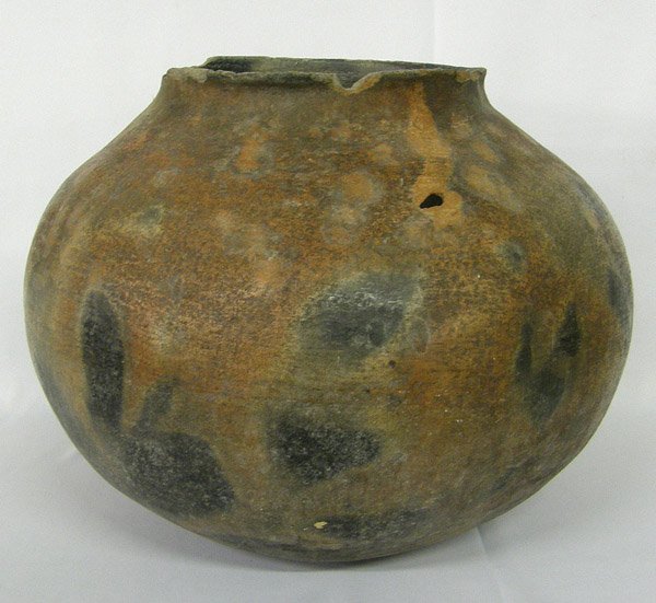Prehistoric Utilitarian Plainware Jar 15''x18'': Prehistoric Utilitarian Plainware Pottery Jar 15''x18''. Smoke clouds, chips on rim, other wear as shown. SHI $175.