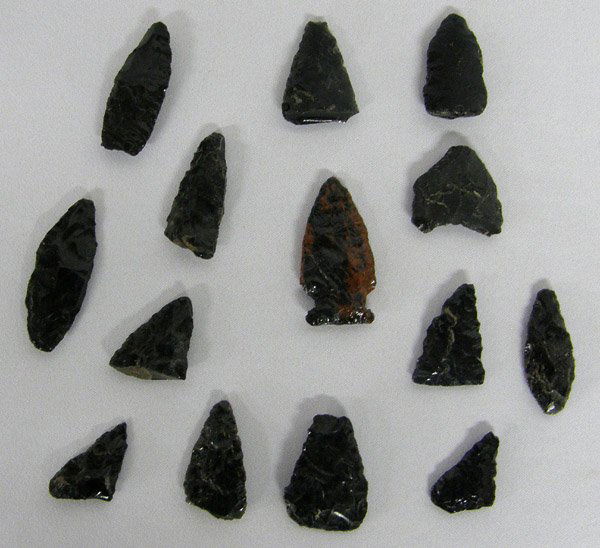 14 Obsidian Stone Arrowheads & Points: 14 Black & Mahogany Obsidian Stone Arrowheads & Points, Longest 2 1/2 inches. Shellac has been used on stones. SHI $15.