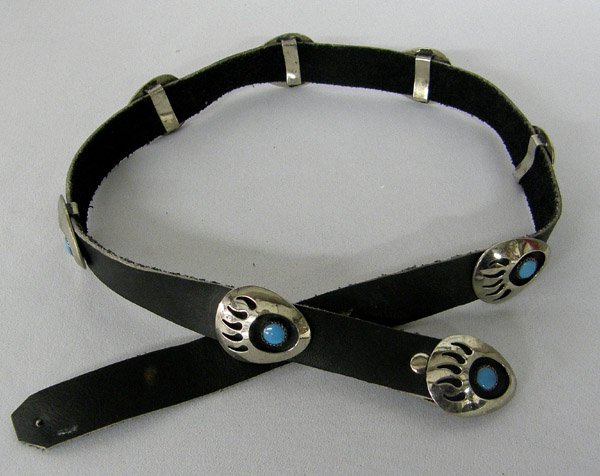 Hopi German Silver Bear Paw Hat Band : Hopi Hat Band, German Silver, Bear Paw Shadow Box w/Turquoise, 27''. SHI $15.