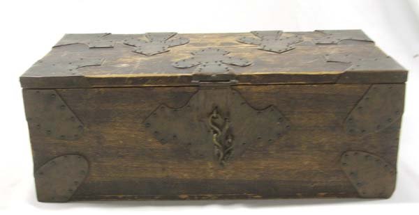 Antique Wood & Copper Box: Vintage Wood & Metal Box, hole in the bottom, 4'' x 11'' x 5 1/2''. On the inside of the lid in pencil is marked made in 1898. SHI $20.