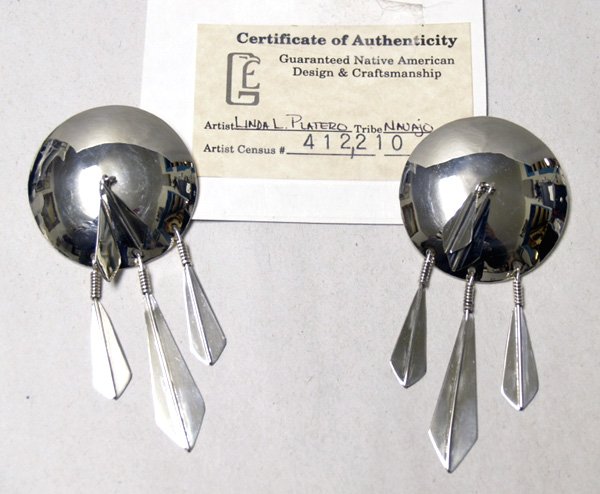 Navajo Silver Earrings By Linda L. Platero: Dynamic Bold Large Navajo Silver Pierced Earrings By Linda L. Platero 3.5 inches. On original Card with artist name. 3.25" L. SHI $15.