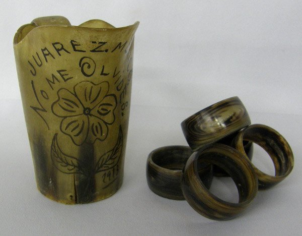 Mexican Horn Pitcher & 5 Napkin Rings by Olvides: Mexican Horn Pitcher (4.5x5.5 in) & 5 Napkin Rings. SHI $20.