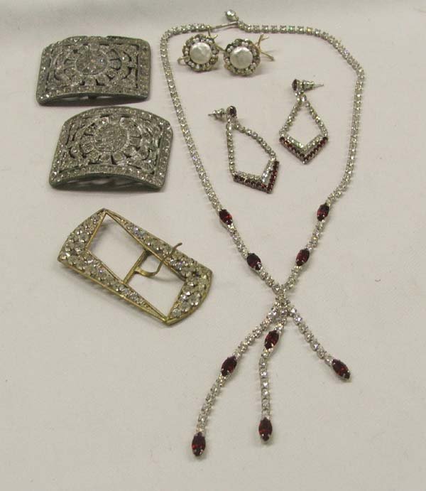 Vintage Rhinestone Jewelry Sets: Vintage Rhinestone Jewelry Sets; 17'' Necklace and Matching Earrings; Pair Judith McCann Earrings; Rhinestone & Brass Belt Buckle; Pair Shoe Buckles. SHI $15.