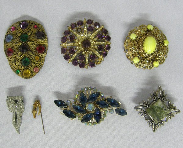 Vintage Estate Pins & Shoe Clasps: Vintage Estate Pins & Shoe Clasps to include: Amethyst Broach 2" missing one stone, Miracle Broach 1.75x1.75", Blue Crystal Broach 3x1.5", Fillagreed rhinestone & Green Setting Broach 2", Antique Pear