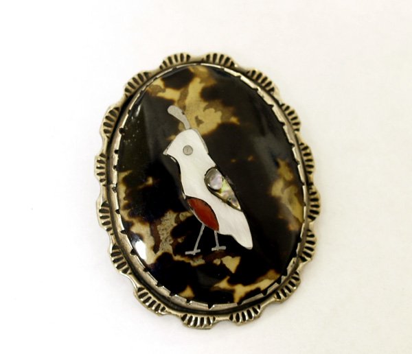 Zuni Silver Inlay Quail Pendant: Zuni Sterling Silver Inlay Quail Pendant. Inlay is on Tortoise Shell. Inlay of Coral, Mother of Pear & Abalone, measures 1.75'' Long. SHI $15.