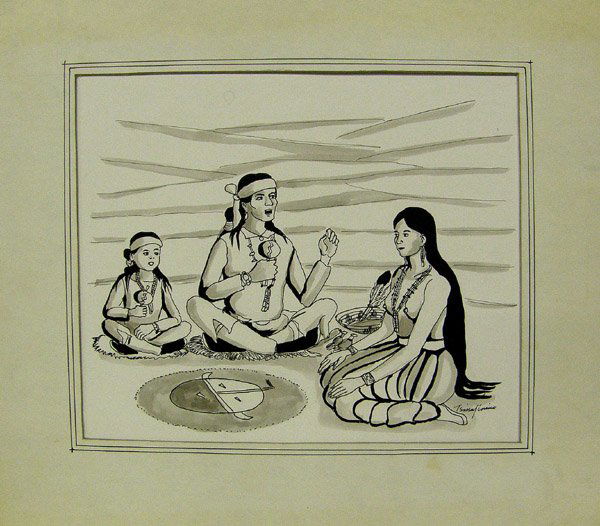 Original Pen & Ink Painting by Tsinajinnie: Original Pen & Ink Painting by Tsinajinnie. Visual measures 10x12 inches. Mat is soiled and bent on corners. SHI $35