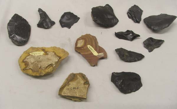 13 Prehistoric Paleolithic Stone Work Tools: 13 Pieces ''Early Man'' Tools 5 3/4 x 3 1/4 inches. In Riker boxes with information on the outside. Box of 3 ''Early Man Tools 30,000/40,000 B.C....''. Box of 10, ''Paleolithic Work Tools... 12,000-6,