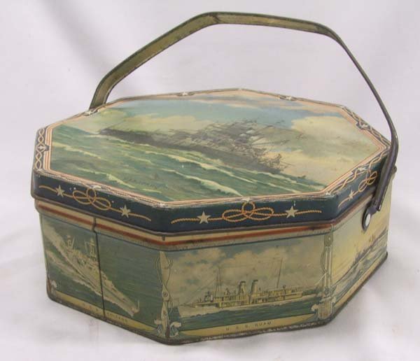 Vintage Biscuit Tin Showing US Naval Ships: Vintage Biscuit Tin Showing U.S. Naval Ships 3.5 x 9.5 inches. ''Loose-Wiles Biscuit Company, Made In U.S.A.''. Ships listed, (U.S.S.):Arizona, W. Virginia, Raleigh, Idaho, Lexington, Chicago, Guam, N