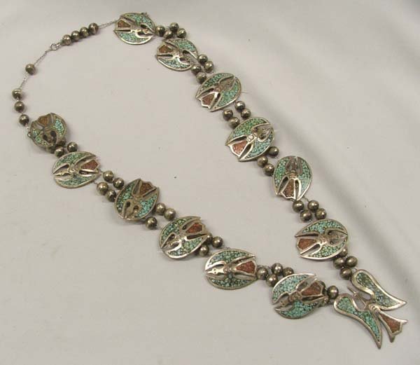 Vintage Zuni Silver Turquoise Coral Chip Inlay Necklace: Vintage Zuni Turquoise & Coral Chip Inlay & Silver Bead Squash Blossom Necklace. Peyote Bird Necklace is 26'' Long, Center Pendant Bird is 2''. SHI $15.