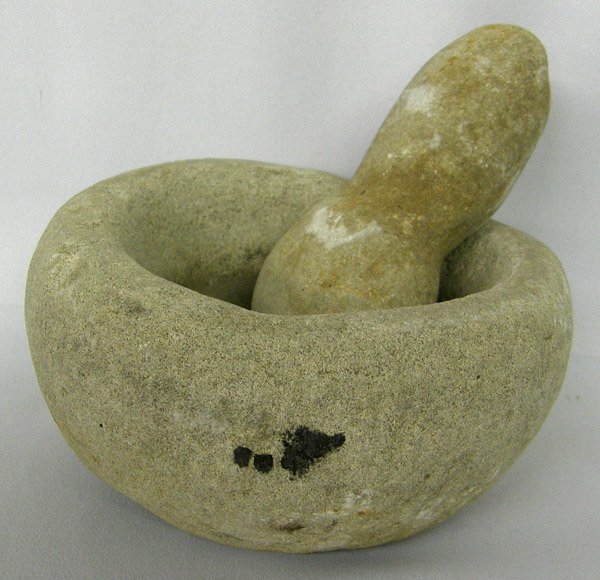 Pre-historic Stone Mortar & Rare Pestle: Pre-historic Stone Mortar & Rare Handled Pestle 6 x 2 Inches Bowl, 5'' Pestle. SHI $35.