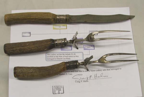 Stag Horn Cutlery Owned Robert E Lee Relative: 3 Pieces Stag Horn Cutlery Set Belonged To Elinore Lee Rhea (a relative of General Robert E. Lee.), 12 inches. Attached certificate of authenticity. SHI $25.