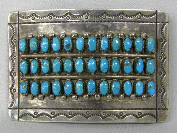 Zuni Silver Turquoise Belt Buckle By Chavez: Zuni Silver Turquoise Belt Buckle By Felix & Maryann Chavez 2 x 3 inches. SHI $15.