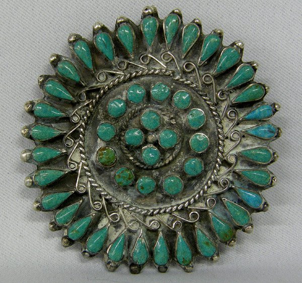 Vintage Zuni Cluster Pendant Hallmark JW: Vintage Zuni Green Turquoise Silver Cluster Pendant Hallmarked JW 3''. This was a Pin that has been made into a pendant. the pin clasp is missing. SHI $15.