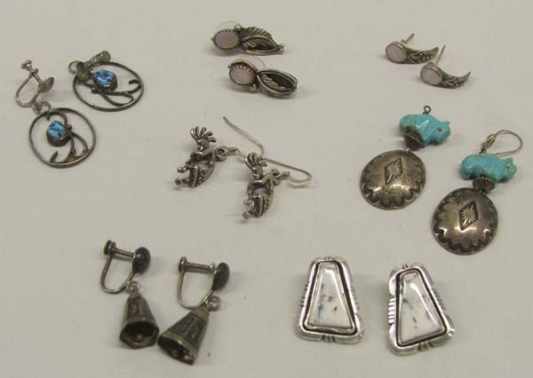 6 Pr Navajo Silver Earrings plus 1 Siamese Pr Bells