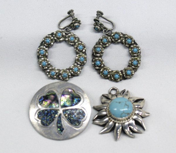 3 Mexican Silver Turquoise Abalone Pins & Earrings: 3 Mexican Silver Turquoise Abalone Pins & Earrings. Abalone pin/pendant, silver & turquoise pendant & screw back earrings (1-1/8'' diameter). SHI $15.
