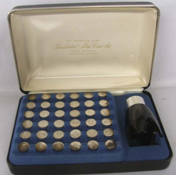 First Ed. Franklin SS Presidential Mini-Coin Set: First Ed. Franklin Mint Sterling Silver Presidential Mini-Coin Set. 36 mini coins and magnifying glass in original case. SHI $15.