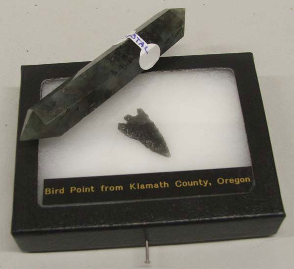 Obsidian Bird Point Arrowhead & Crystal Specimen: Bird Point 1'' From Klamath County, Oregon and 4'' Crystal. SHI $20.