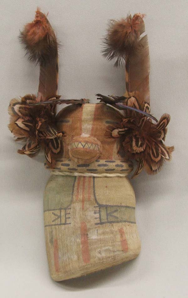 Hopi Badger Kachina By Merlin Kopelva: Hopi Badger Kachina By Merlin Kopelva, 2nd Mesa. 8'' with feathers, signed on the bottom by artist. SHI $20.