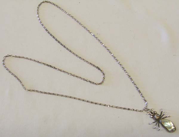 Navajo Abalone Stilver Bug Pendant Necklace: Navajo Silver Chain Necklace 29'' end to end, With Abalone Bug Pendant, 1 3/4'' x 1''. SHI $15.