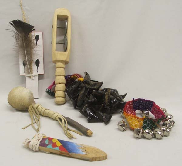 Native American Rattles Bells & Jingles: Hoof Dance Jingles, 2 Wooden Wind Blower, Bulls Bag Rattle, Wooden Dance Jingle, Wrist Bells SHI $15