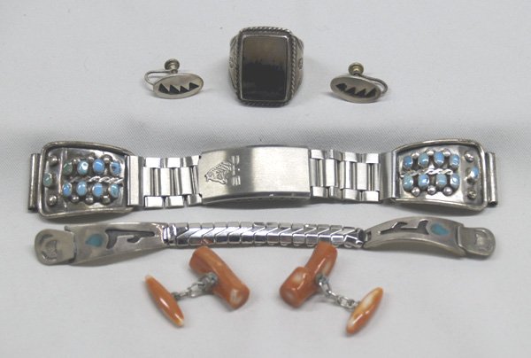 Navajo Silver Jewelry Plus: Navajo Silver Jewelry Plus. Man's Silver Turquoise Watch Band, Ladies Silver Turquoise Watch Band, Hopi Clip-on Earrings, Coral Cuff Links, Navajo Moss Agate Men's Ring Size 10 & 1'' wide. SHI $15