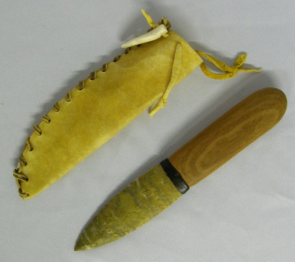 New Mexico Handmade Stone Flint Knife & Sheath: New Mexico Handmade Stone Flint Knife With Wood Handle & Rawhide Sheath. Knife is 10x1.5'' SHI $15.