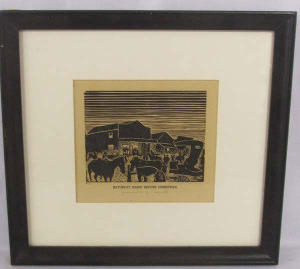 Original Framed Wood Block Print by Harold A West: Original Framed Wood Block Print by Harold A West. Matted, in Wood Frame, Under Glass and Signed. Called Saturday Night before Christmas. Visual is 5''x5.75''. SHI $30.