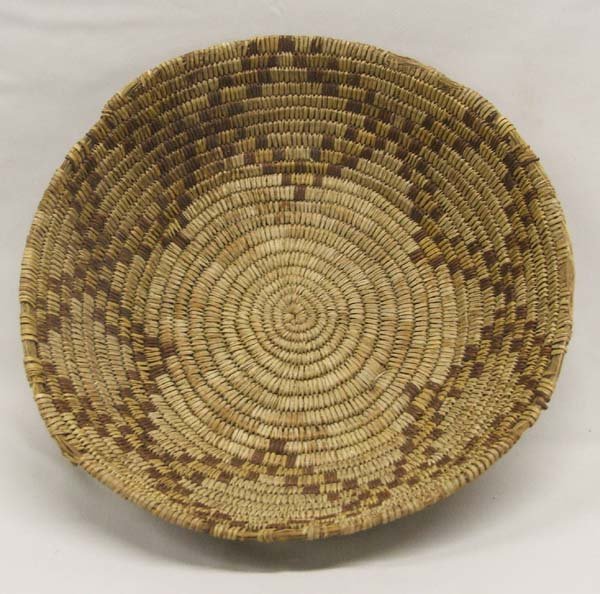 Vintage Jicarilla Apache Basket: Vintage Jicarilla Apache Basket, 11 1/2'' Round x 3'' High. Tri-colored basket, star pattern with checkerboard design rim. SHI $25.