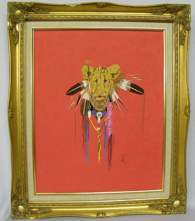 Framed Embroidery on Velvet Indian Picture-Wesley: Framed Embroidery on Velvet Indian Picture by Wesley. Visual is 20''x15''. SHI $40.