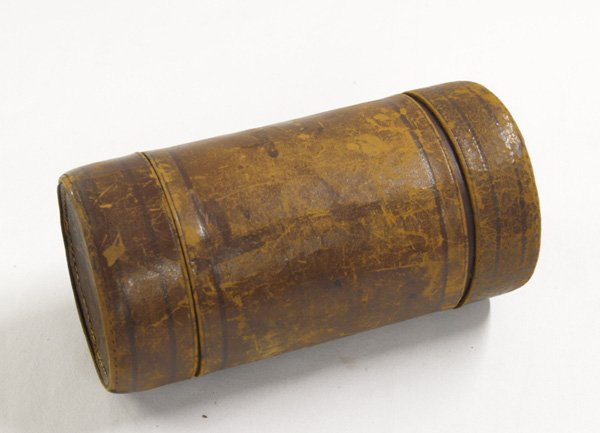 Vintage Leather Nautical Instrument Case: Vintage Leather Seaman's Pouch, measures 7.5 x 4". There are tooled ships on the top cover and bottom cover of case. The case is divided in two. SHI $15