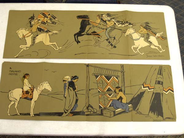 4 Navajo Ethographic Color & Paste Teacher's Aid: 4 Vintage Navajo Ethographic Color & Paste Teacher's Aid, each measures approx. 12 x 36", depicting a Zuni, Navajo, Hopi & Sioux Home by artist teacher, Bess Bruce Cleveland. SHI $25