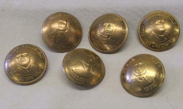 6 Copper Presidential Buttons: 6 Copper Presidential Buttons, William McKinley, Teddy Roosevelt, Thomas Jefferson, Zachary Taylor, Franklin D. Roosevelt, Martin Van Buren. Measures approx. 3/4''. SHI $15.