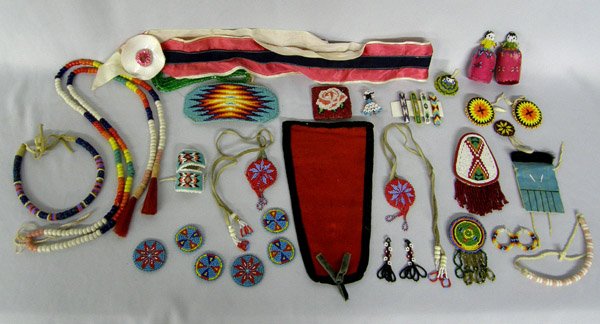 Pueblo Beaded Jewelry & Hair Adornments: Pueblo Beaded Jewelry & Hair Adornments. 2 Chokers, barrettes, hair ties, earrings, pin cushions. Long hair adornments approx. 24" L. SHI $20.