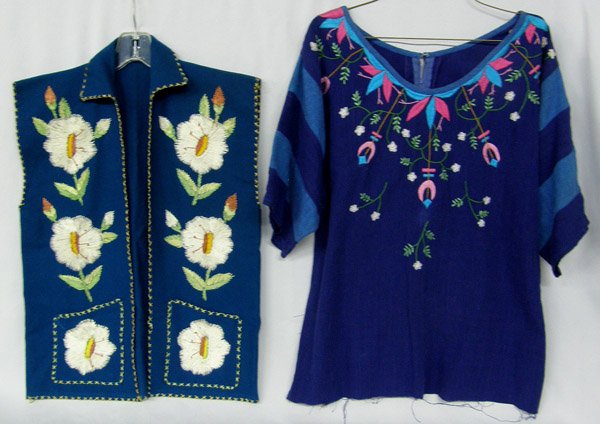 2 Mexican Women's Clothing: 2 Mexican Women's Clothing. Embroidered Vest Measures 18.5''x24'' (small size). Pullover top has tag, ''Irene Pulos, Tlaquepaque, MX.'' Size M, 100% Cotton. SHI $15.