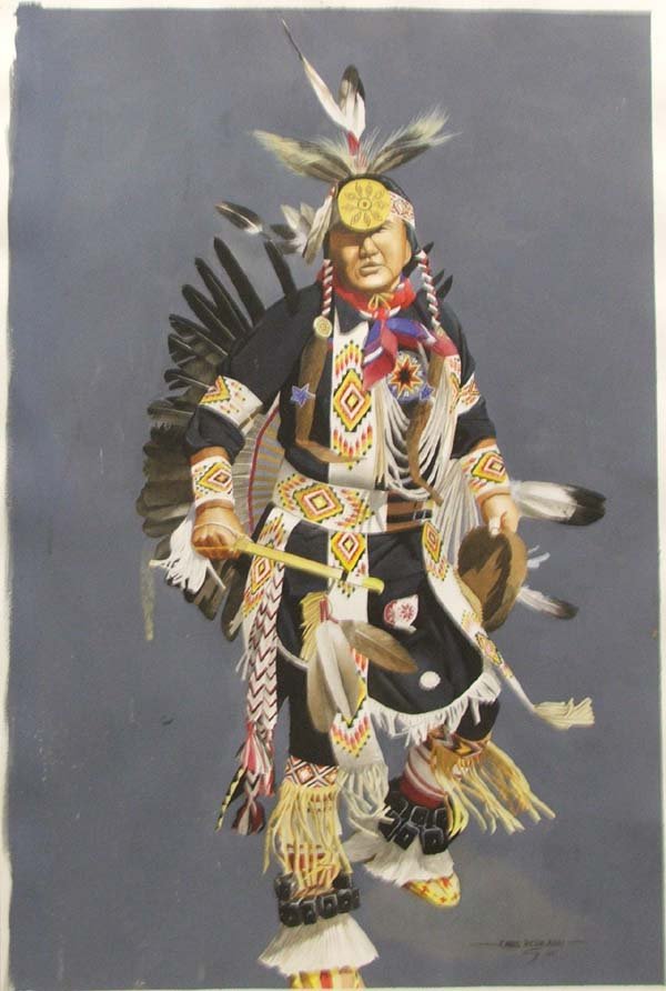 Original Navajo Watercolor By Chris Peshlakai: Original Navajo Watercolor By Chris Peshlakai, 2005, measures approx. 27 x 17 1/2'', on paper. Some scuffing and staining. Will roll & ship in tube. SHI $25.