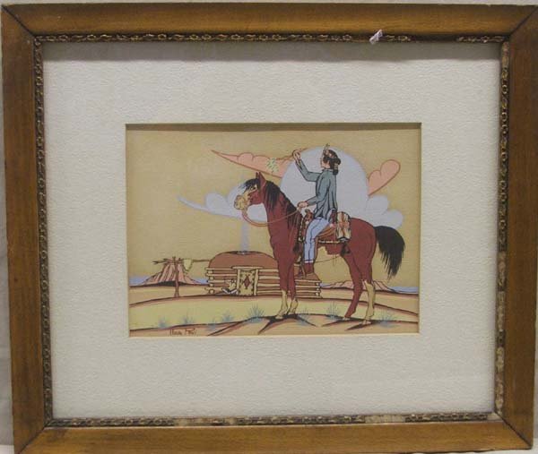 San Juan/Navajo Silkscreen By Sidney Montoya: San Juan Navajo Silkscreen By Sidney Montoya, measures approx. 5 1/2 x 7 1/2'', framed in a wood frame, under glass, matted. SHI $25.