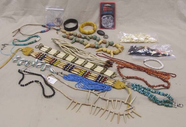 Miscellaneous Beadwork Jewelry & Findings: Miscellaneous Beadwork Jewelry & Findings, largest piece measures approx. 11'' long. Coyote conchos nickel finished, bracelets, necklaces, loose necklace fetishes, fish gills, etc. SHI $20.