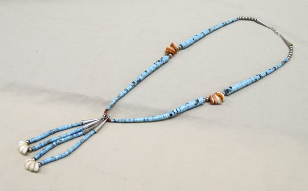Navajo Turquoise Heishi Chief's Jockla Necklace: Navajo Turquoise Heishi Chief's Jockla Necklace. Necklace is 30'' Long, Jocklas are 5''. Graduated Turquoise Heishi Beads, MOP & Red Shell Corn Beads & Sterling Silver Ball & Cone Beads. SHI $15.
