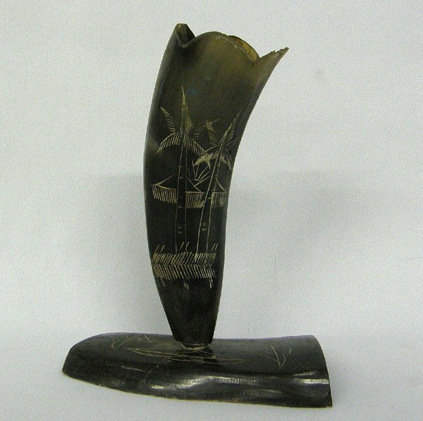 Vintage Asian Carved Horn Pen Holder: Vintage Asian Carved Horn Pen Holder, measures approx. 7 x 5.5''. SHI $15.