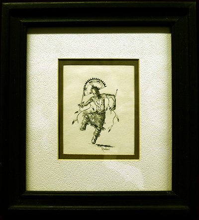 Navajo Painting By Danny Randeau Tsosie: Navajo Painting By Danny Randeau Tsosie, framed in a wood frame, under glass, double matted. Measures approx. 4 1/4 x 3 1/2''. SHI $25.