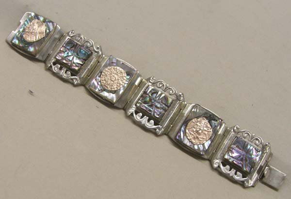 Taxco Silver Abalone Link Bracelet: Taxco Silver Abalone Link Bracelet, measures approx. 7 x 1''. SHI $15.