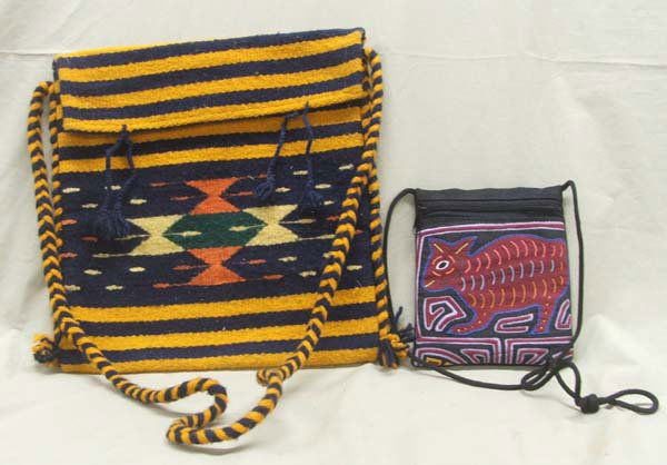 2 Ethnic Purses, one Cotton Mola & one SA Wool: 2 Ethnic Purses. 1 Panamanian Mola Purse and 1 South American Wool Purse, the largest measures approx. 14 x 12''. SHI $20.