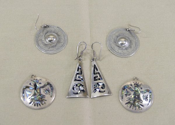 3 Pair Mexican Silver Earrings for Pierced Ears: 3 Pair Mexican Silver Earrings for Pierced Ears. Two pair inlaid with Abalone. Longest are 1.5''. SHI $15.