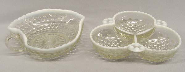 2 Moonstone Opalescent Hobnail Candy Dishes: 2 Moonstone Opalescent Hobnail Candy Dishes, largest measures approx. 1 1/2''H x 6'' x 7''. SHI $20.